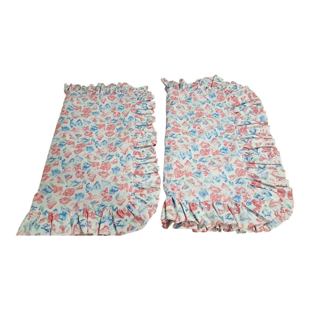 VTG Laura Ashley Ruffled Pillow Shams Set of 2 Pink Blue Floral Cottagecore USA